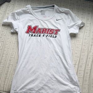 Nike White T-Shirt with Red and Black Marist Logo- workout tee